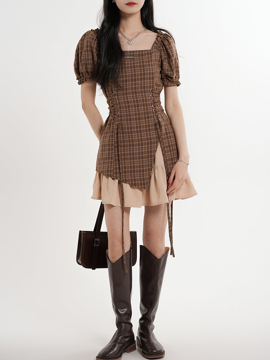 Curry Plaid Stitching Straps Bubble Sleeve Dress