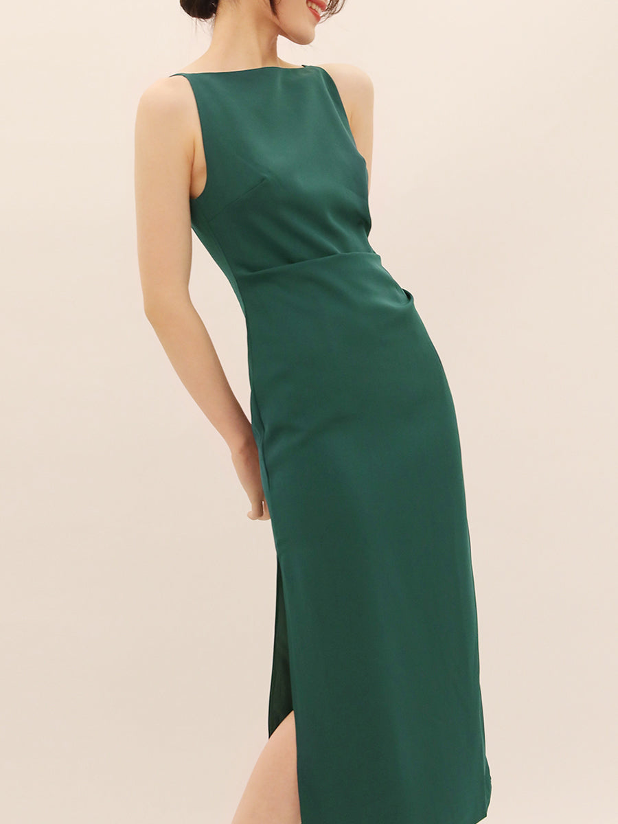 Pleated Solid Color Sleeveless Dress