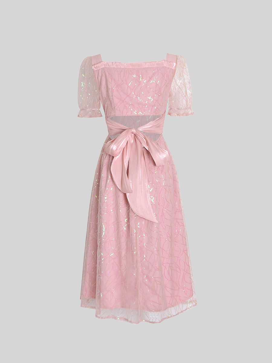 Sweetheart Hollow Bow Midi Pink Dress