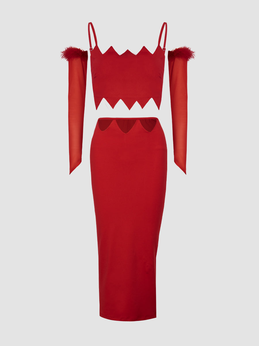 Red Stretchy Camisole Top + Long Skirt with Sleeve Covers