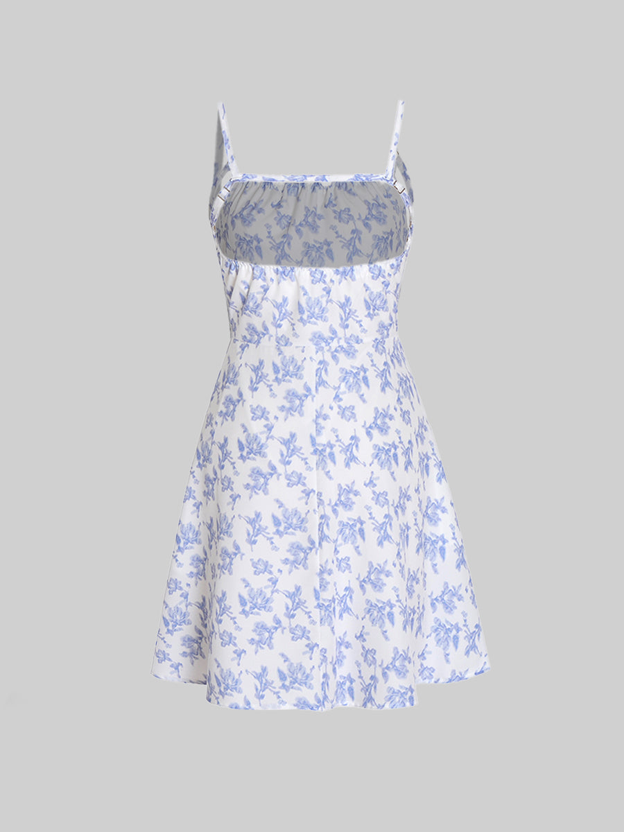 Floral Celadon Backless Halter Dress