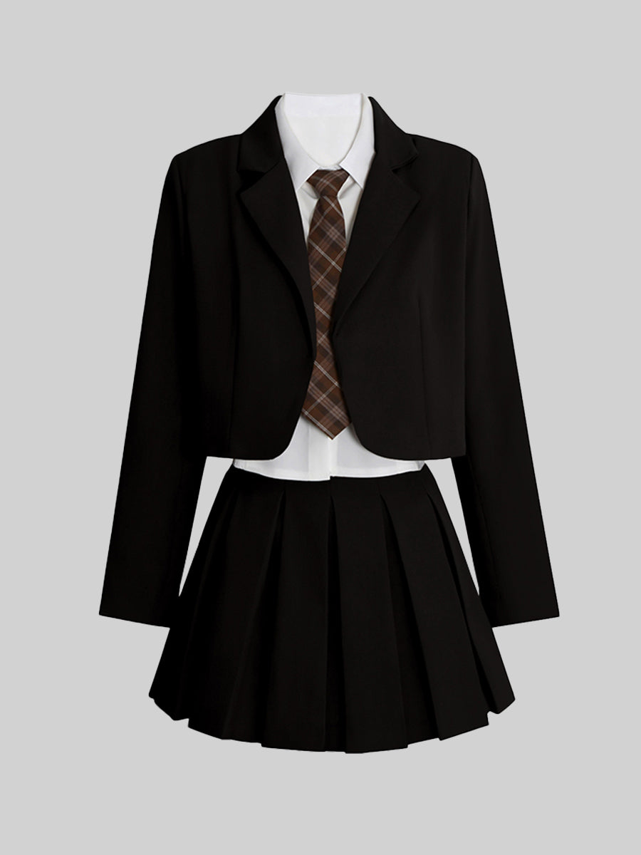 Blazer & Skirt & White Shirt with Tie Three Piece Set