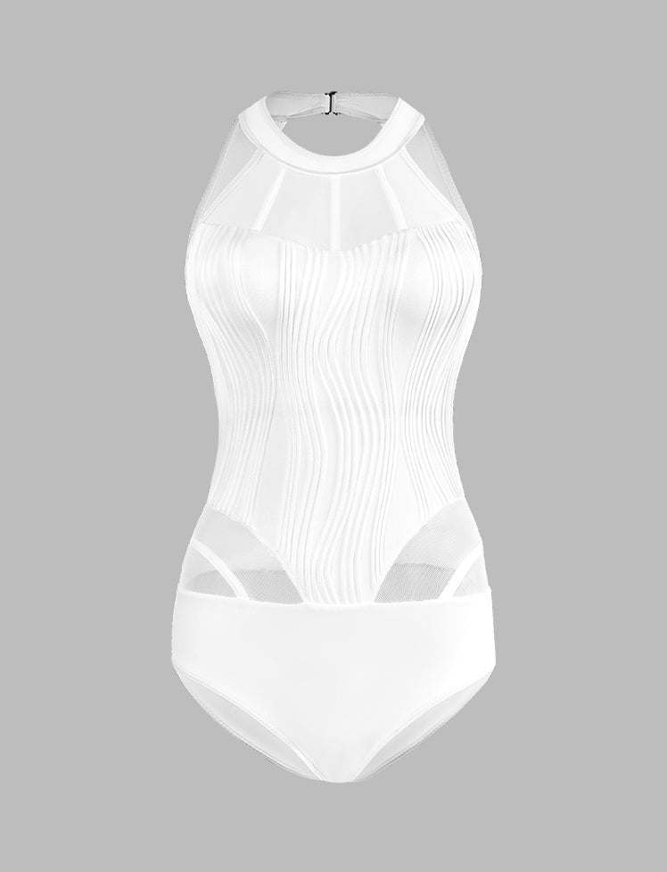 Mesh Paneled Solid One-piece Swimwear