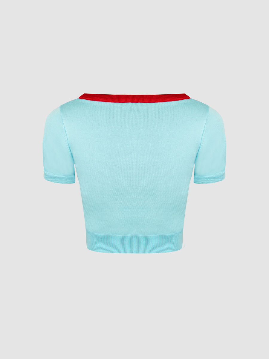 Letter Knit Square Neck Blue Short Sleeve Top