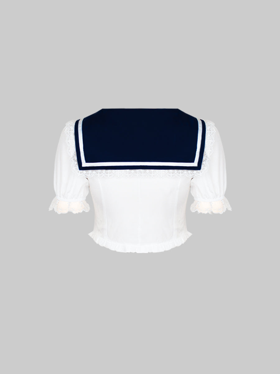 Navy Blue Bubble Sleeve Top&Pleated Skirt Set