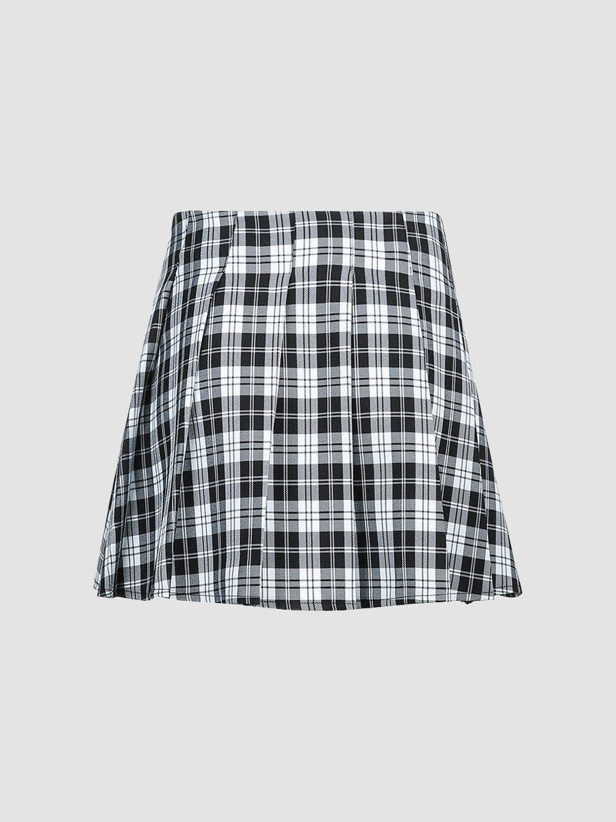 Plaid Leather Buckle Chain Patchwork A-line Skirt