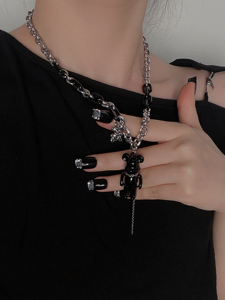 Black Pink Chain Bear Necklace