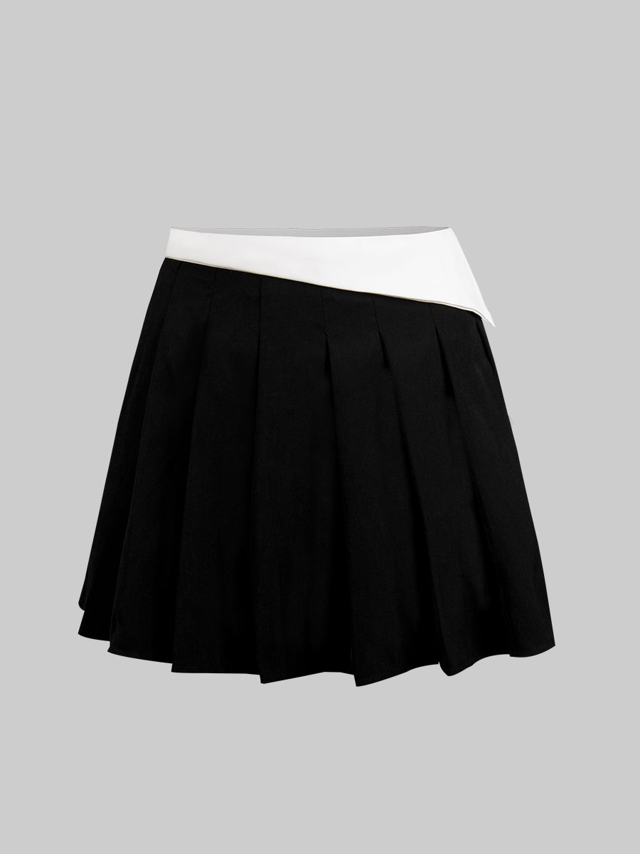 Black and White Top + Irregular Pleated Skirt Set