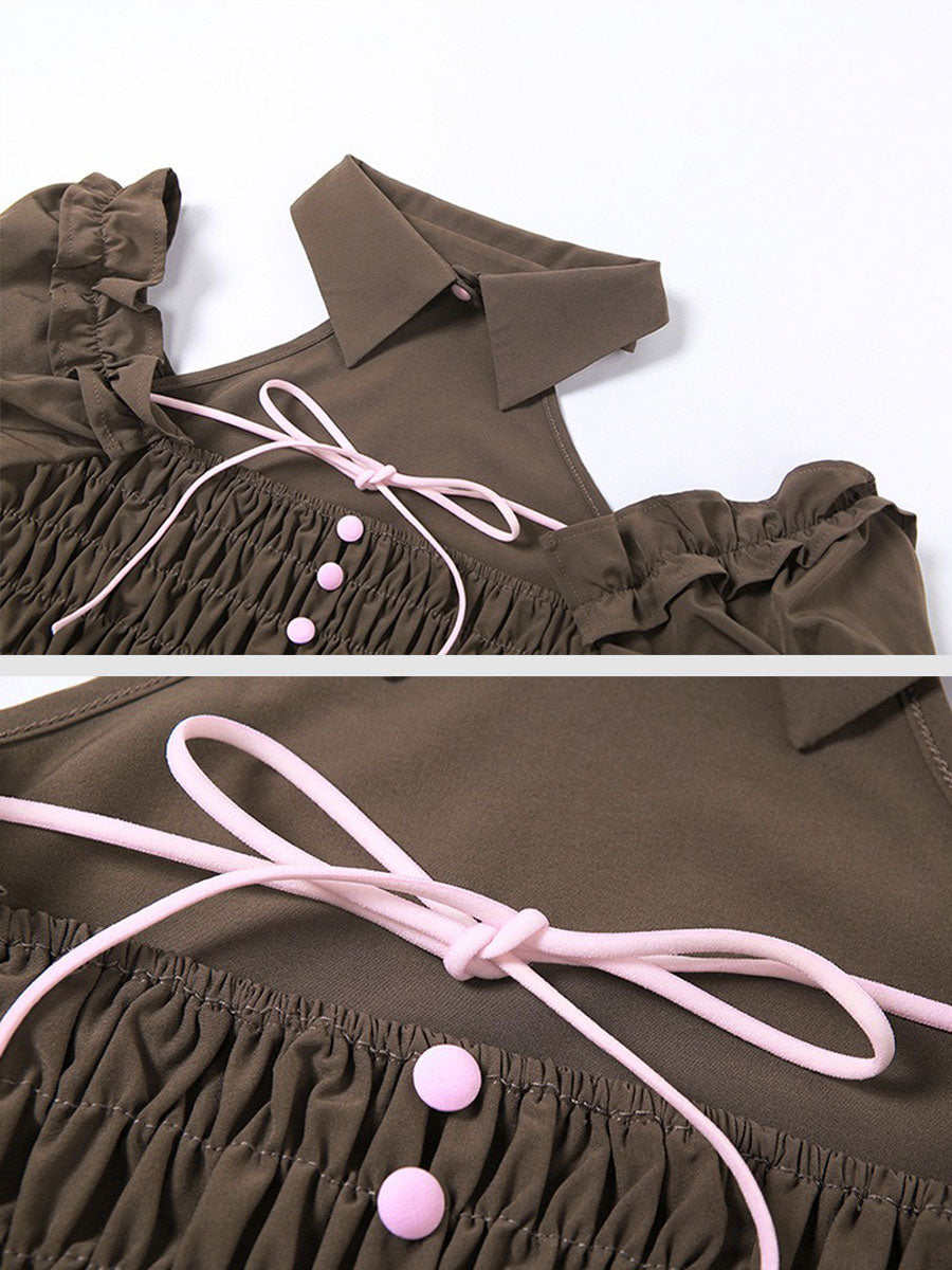 Retro Square Neck Short Bubble Sleeve Top&Pleated Skirt Set