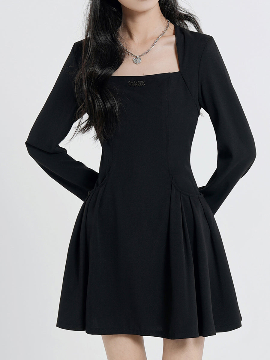Black Square Collar Fluffy Dress