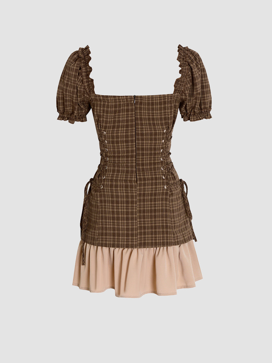 Curry Plaid Stitching Straps Bubble Sleeve Dress
