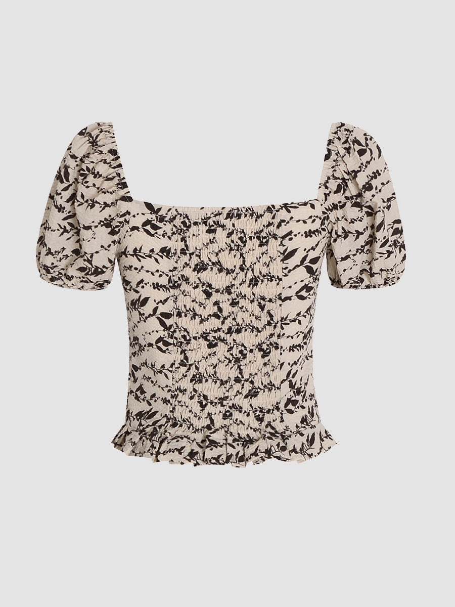 Premium Floral Square Neck Bow Short Sleeve Top