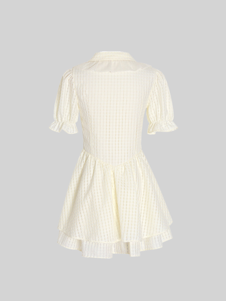 Checkered Lace Bow Apricot Dress