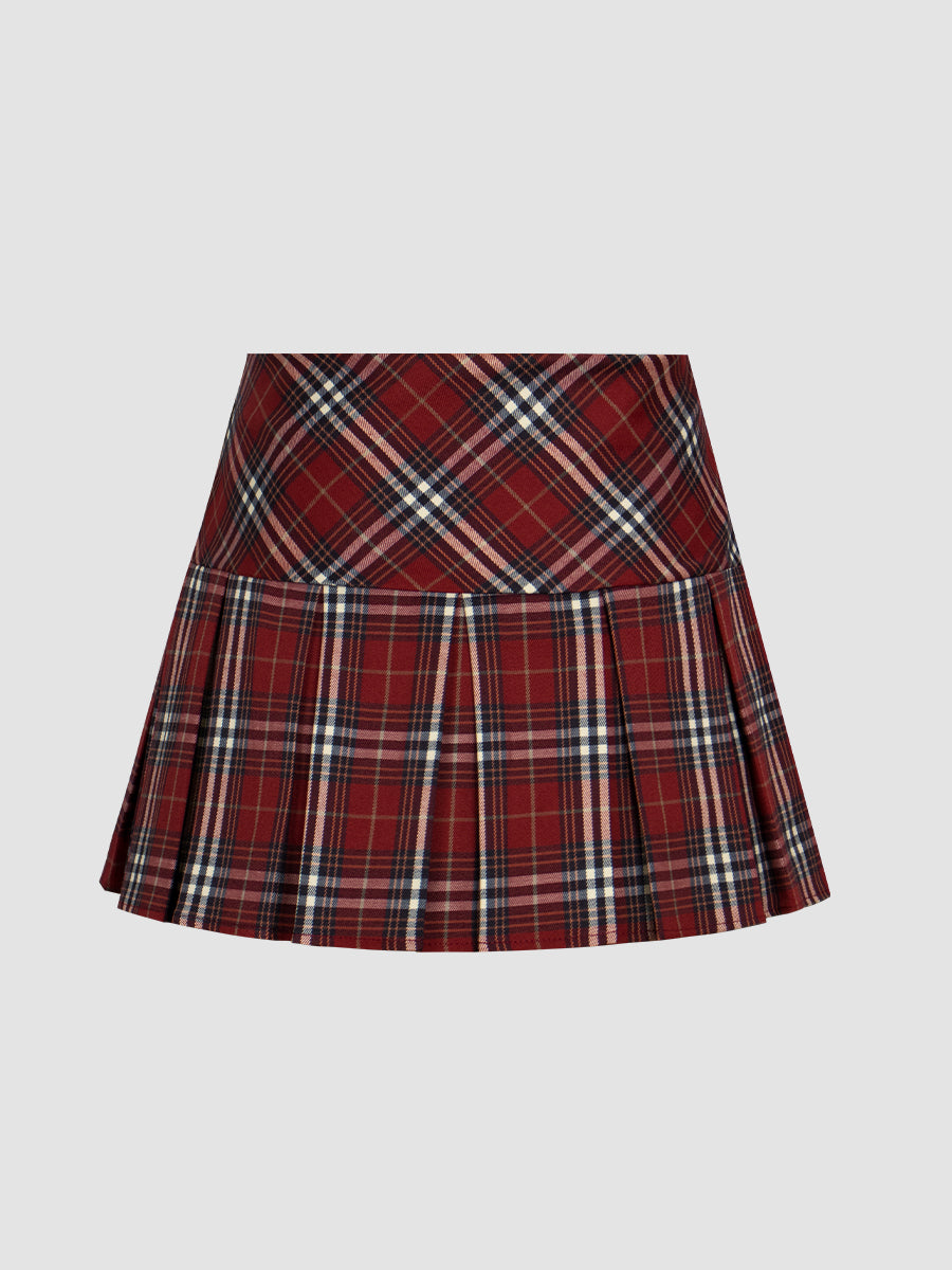 Red Plaid Pleated Skirt