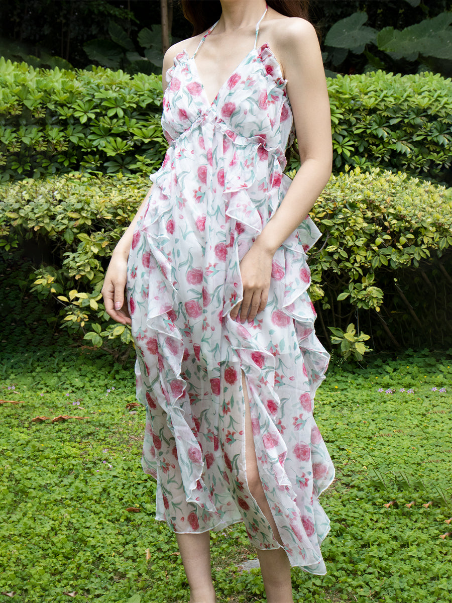 Floral Backless Irregular Midi Halter Dress