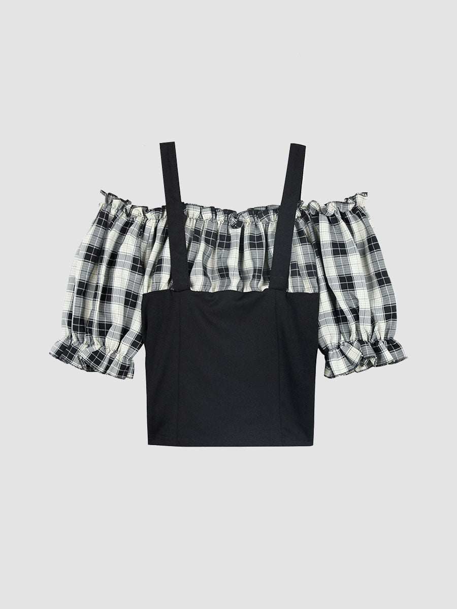 Plaid Shirt Bubble Sleeve Camisole Top