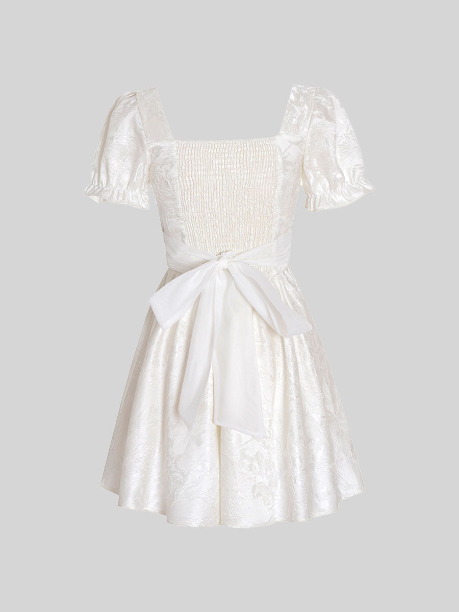 Sweet Jacquard Bubble Sleeve Creamy White Dress