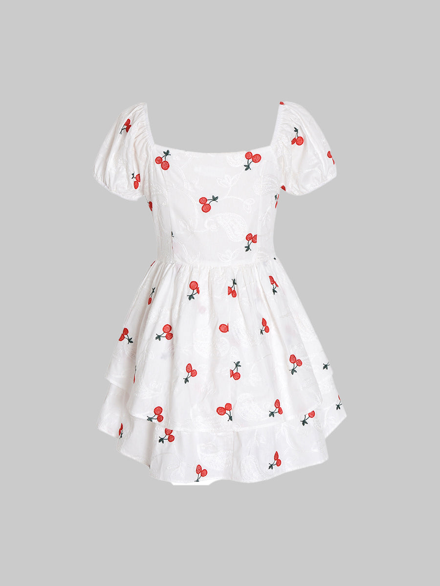 Embroidered Cherry White Dress