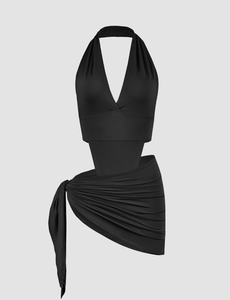 Solid Cutout Halter Two-piece Swimwear