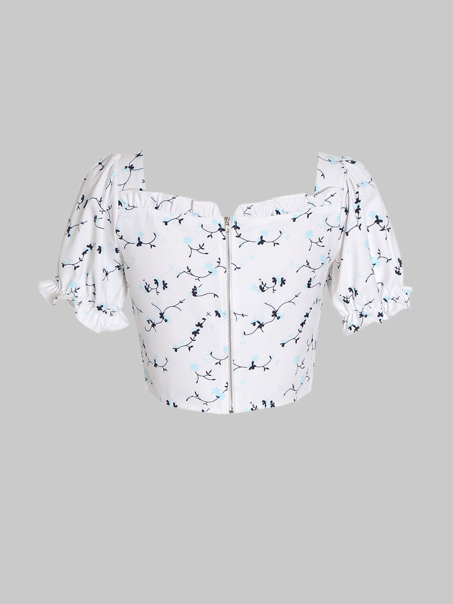 Blue Floral Puff Sleeve Top