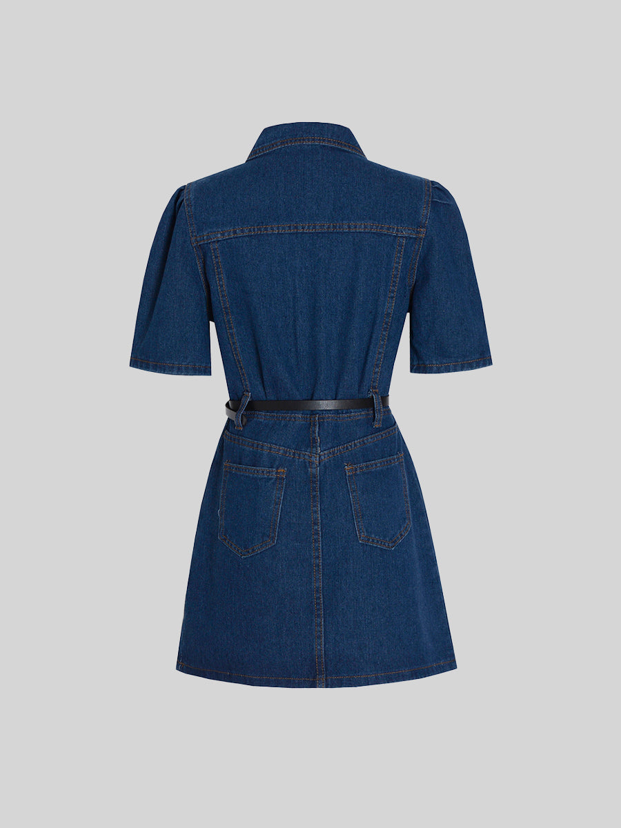Bubble Sleeve Belt Denim Dress