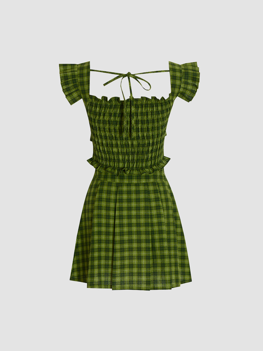 Green Checkered Cute Short Sleeve&Pleated Skirt Set