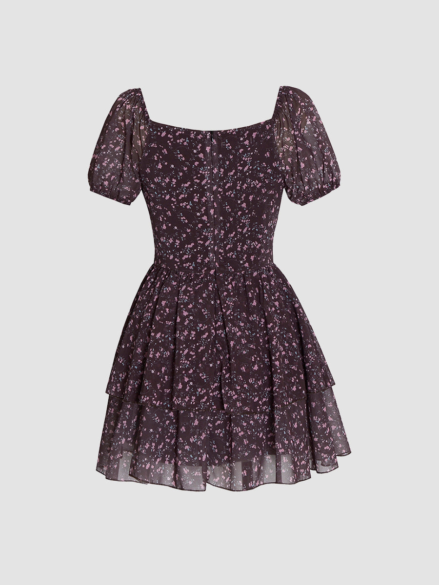 Sexy Floral Bubble Sleeve Cake Dress