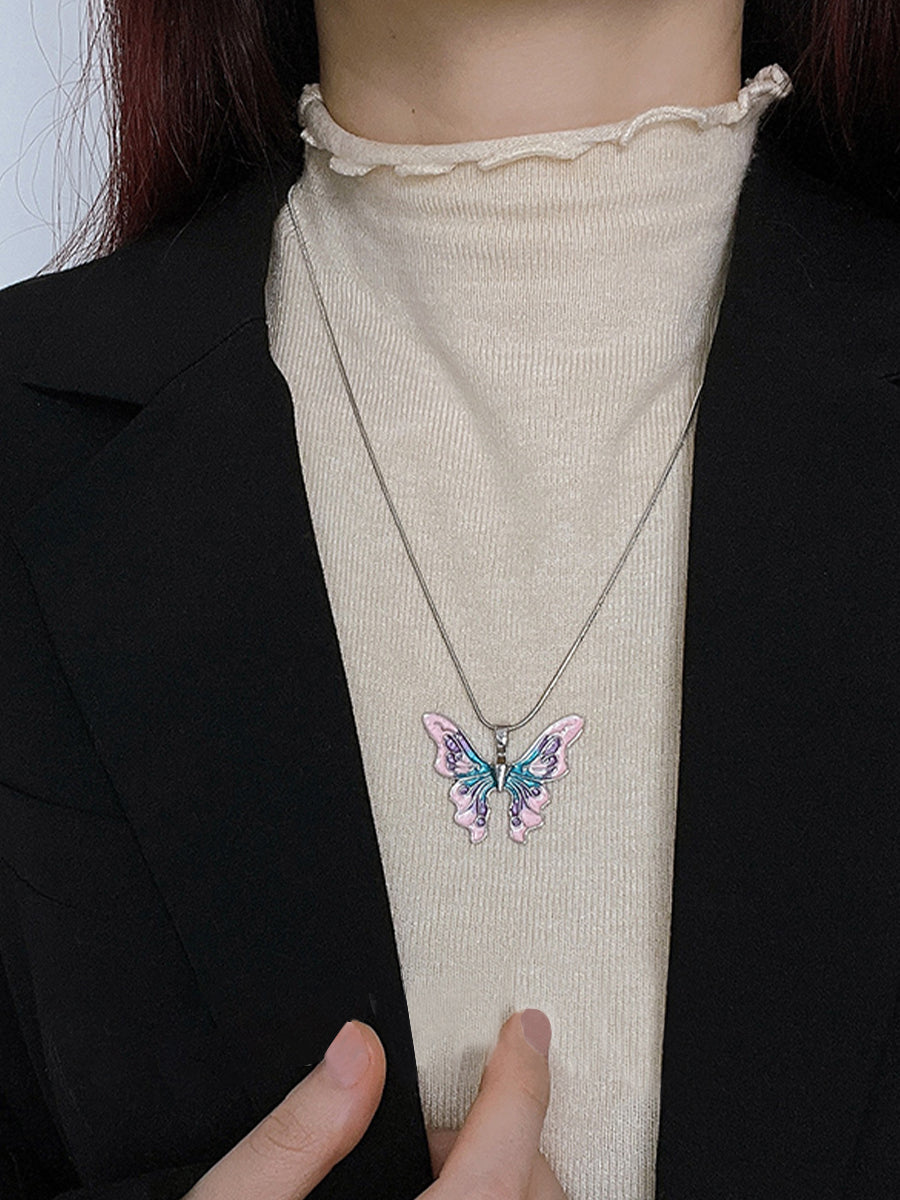 Vintage Blue Pink Butterfly Necklace