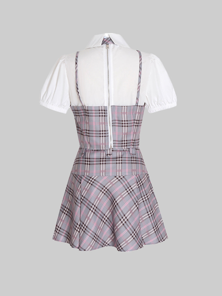 Kpop Bubble Sleeve Plaid Top & Skirt Set