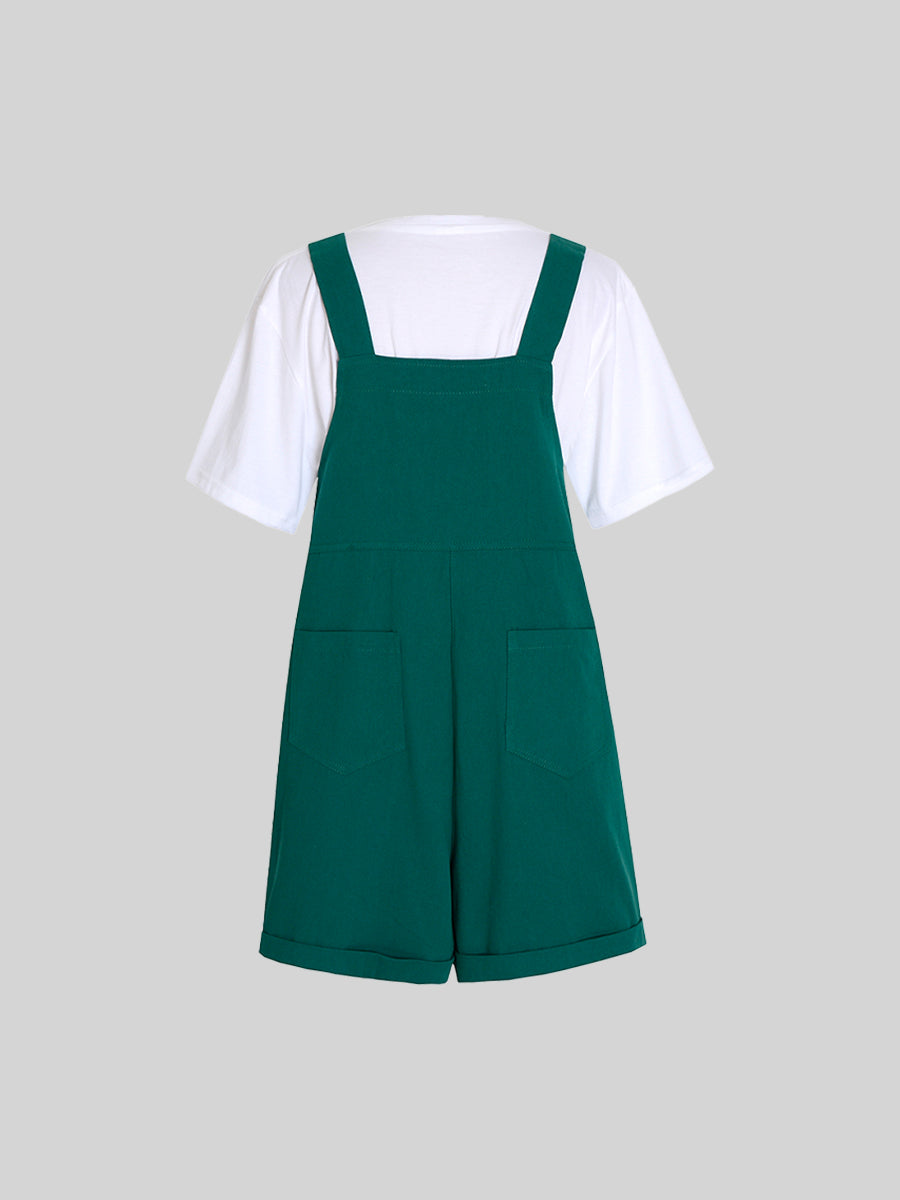 Casual Denim Green Overalls Shorts