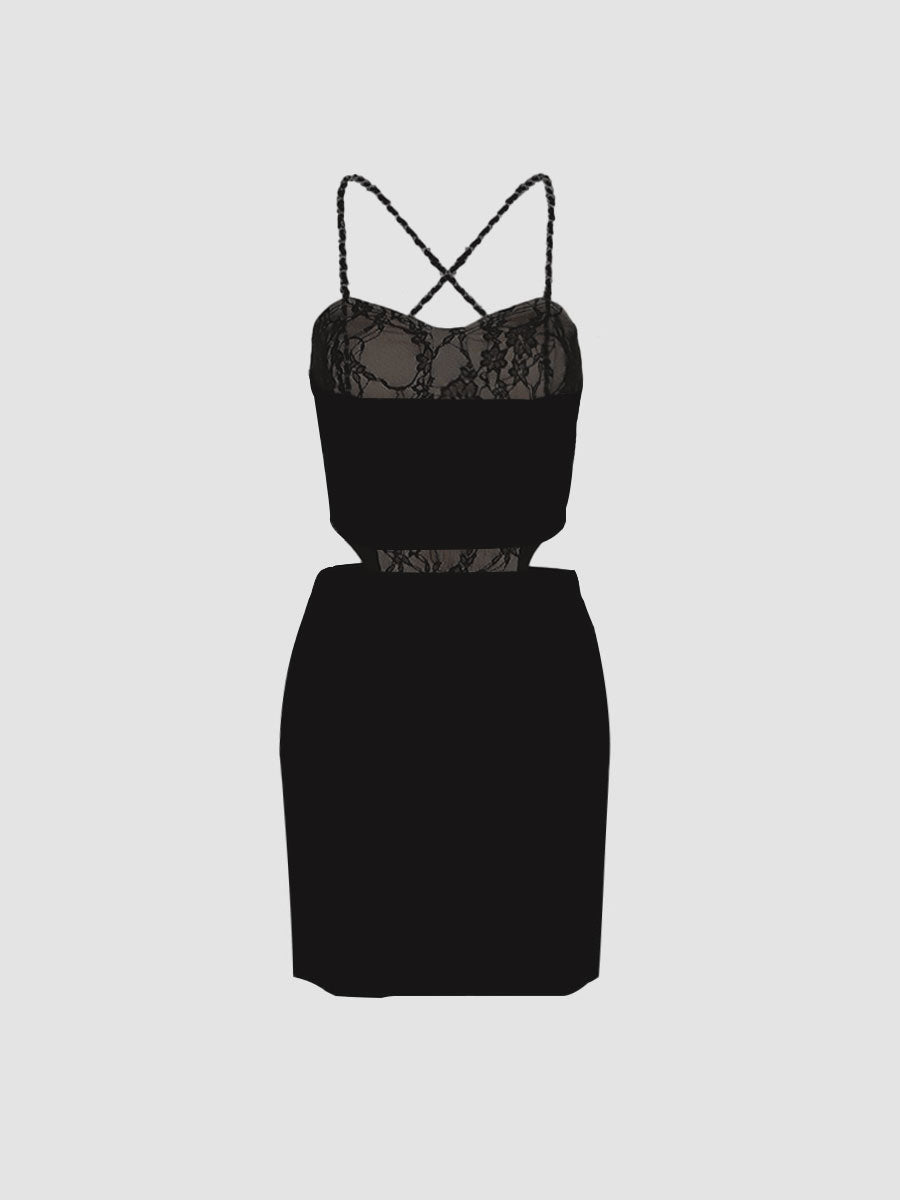 Black Lace Hollow Halter Dress