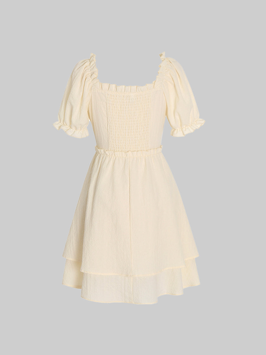 Apricot Lace Bow Bubble Sleeve Dress