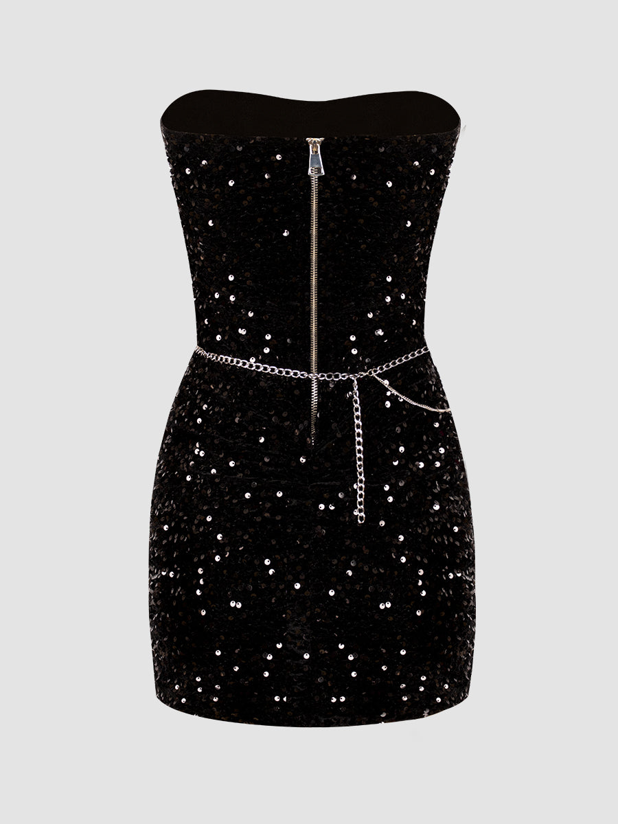 Black Sequin Party Dress with Chain