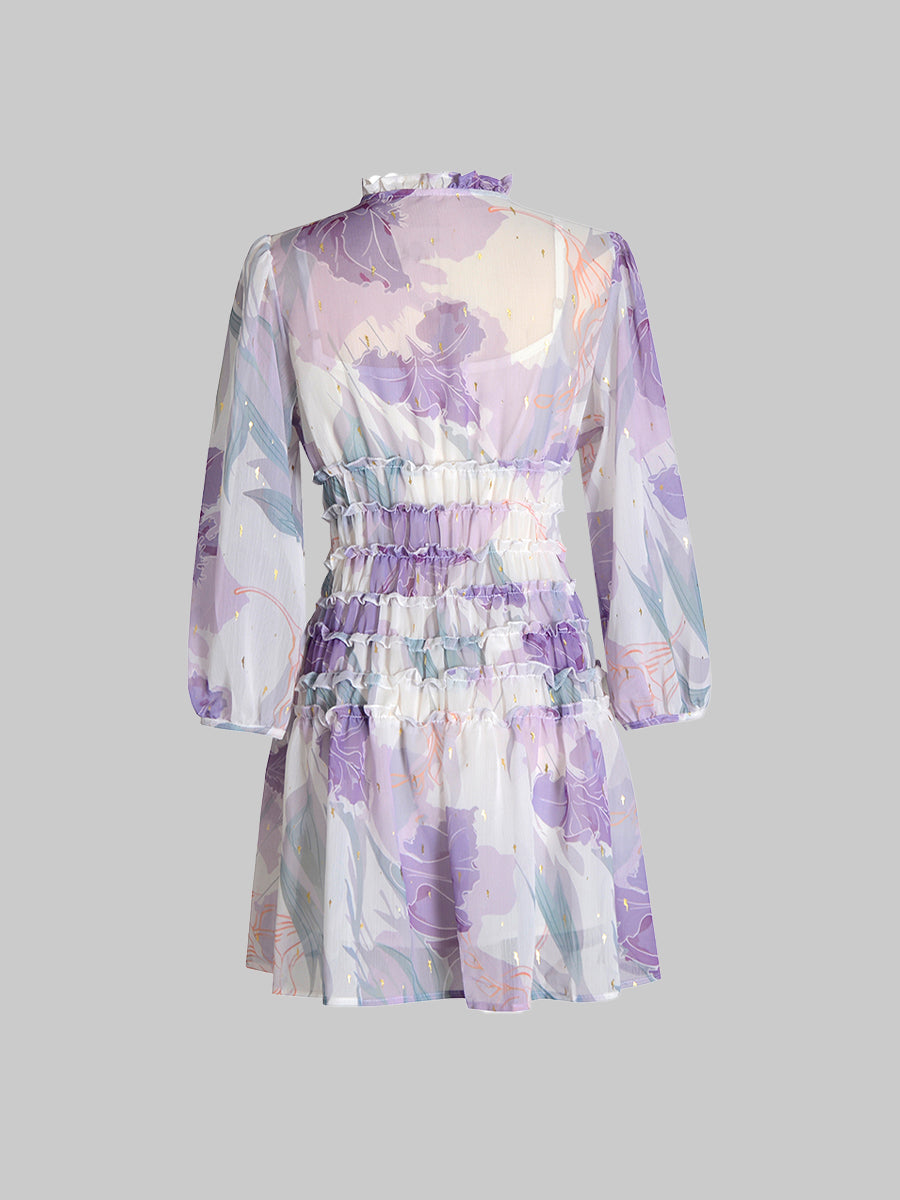 French Vintage Purple Floral Dress with Cami