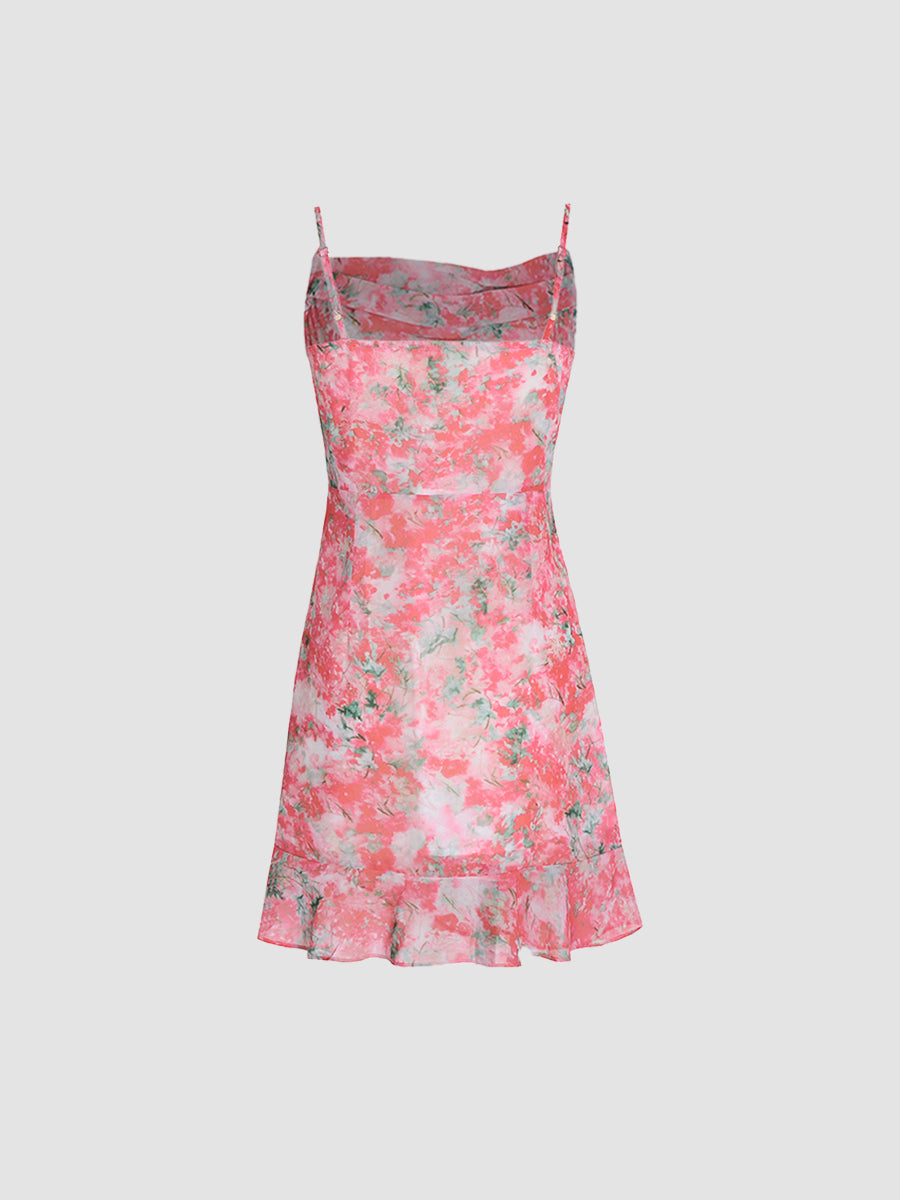 Pink Floral Halter Chiffon Dress