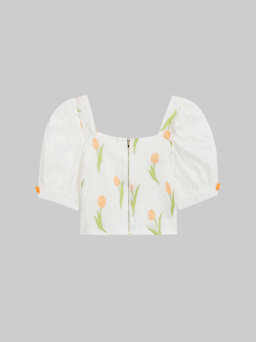 Jacquard French Square Collar Shirt Top