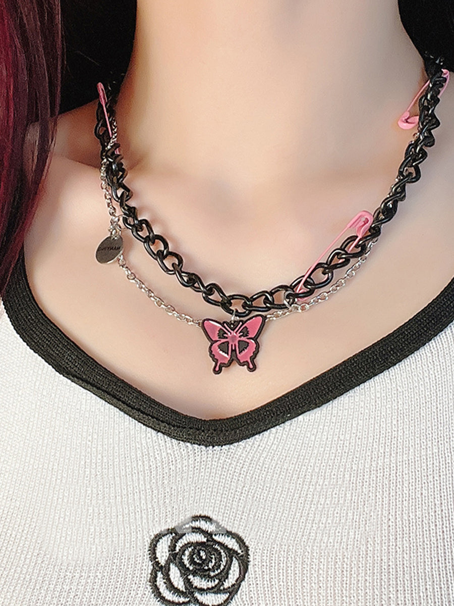 Black Chain Pin Butterfly Necklace