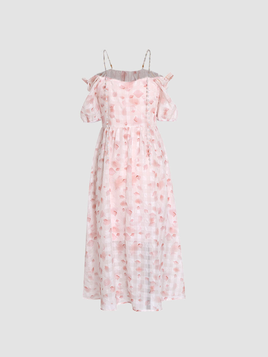 Gentle Pink Floral Chiffon Midi Dress