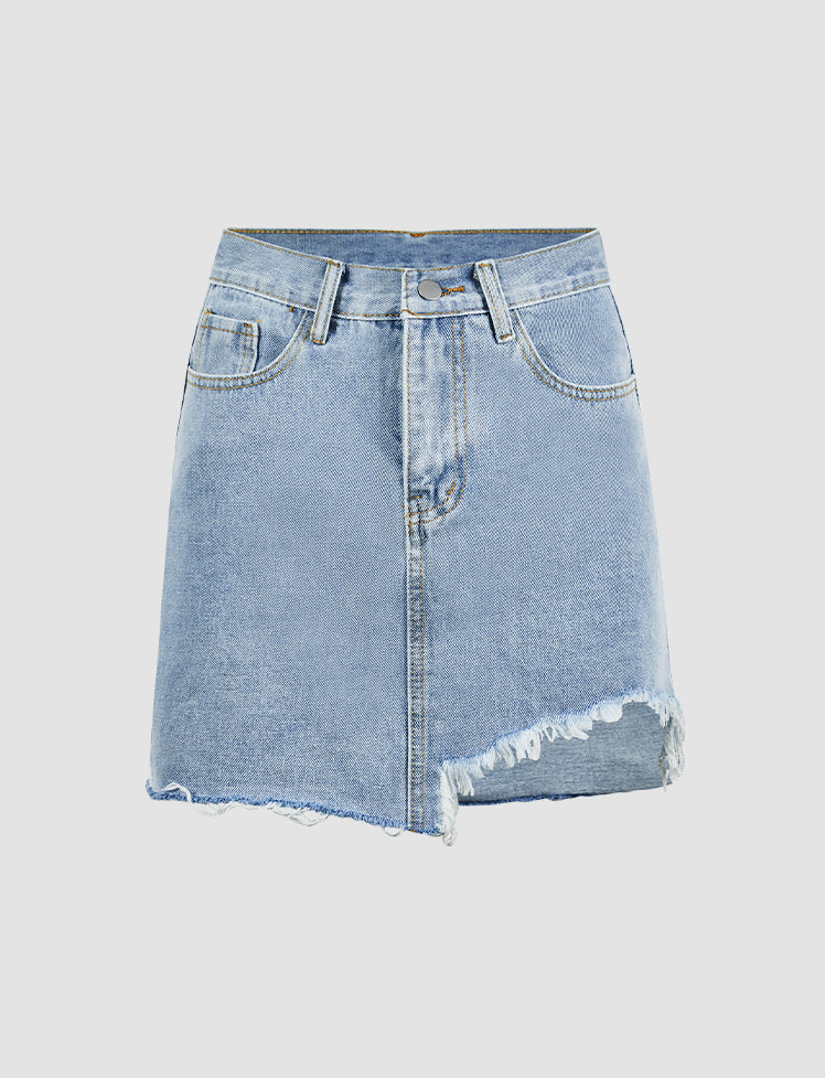 Irregular Fringed Denim Skirt