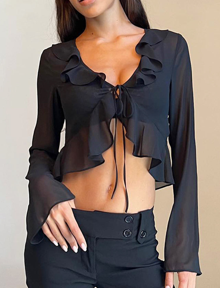 Solid Ruffled Flared Tie-up Top