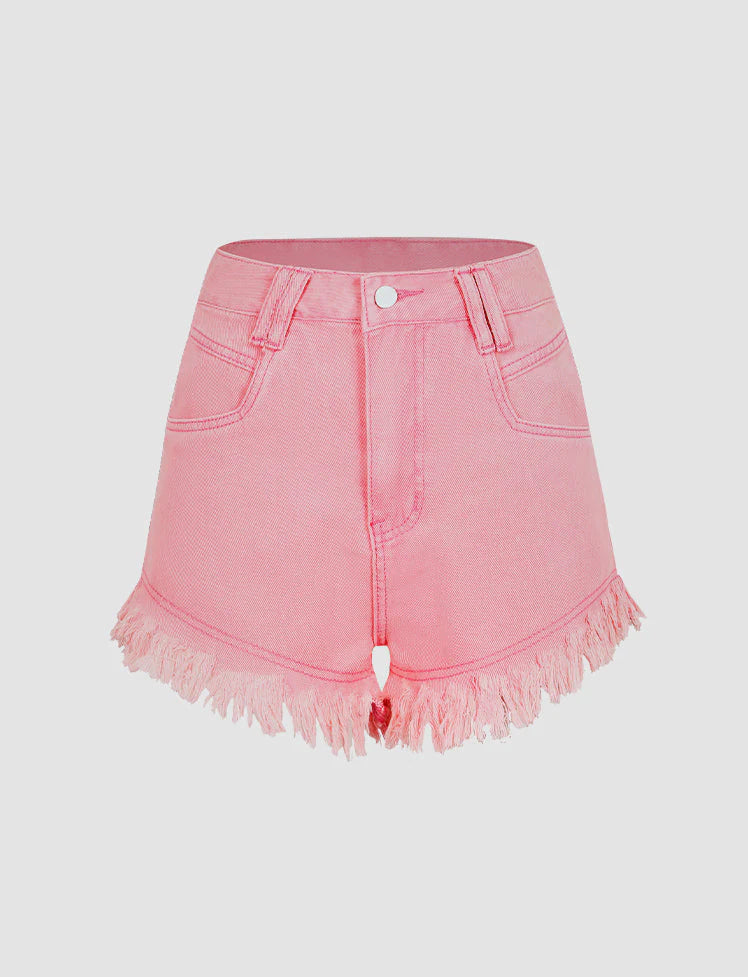 High Waist Denim Fringed Shorts
