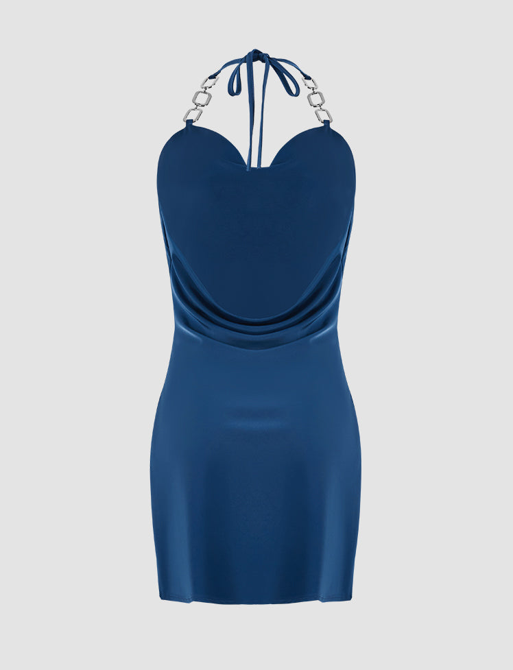 Halter Satin Solid Mini Dress