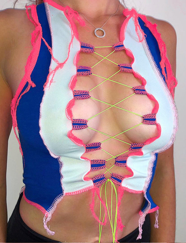 Color-block Cutout Lace-up Tank Top