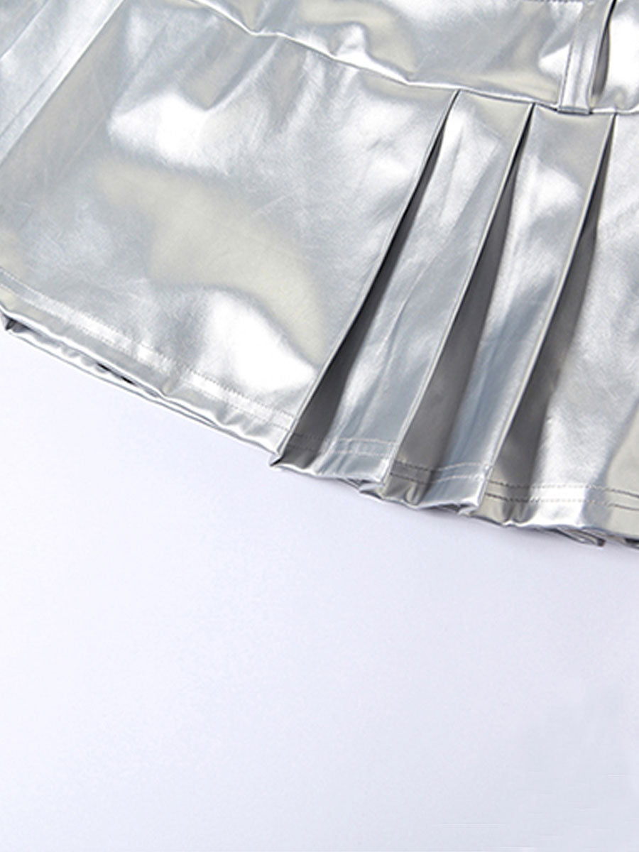 Silver PU Leather Pleated Skirt