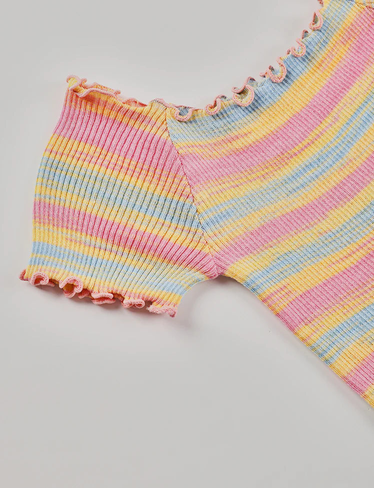 Colorful Ruffle Ribbed Knit Top