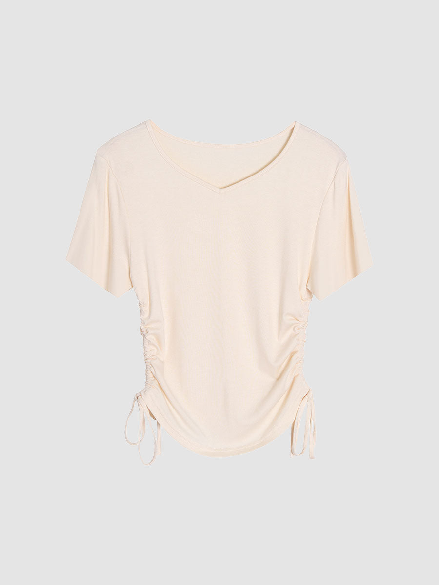 Solid Color V-neck Drawstring Top