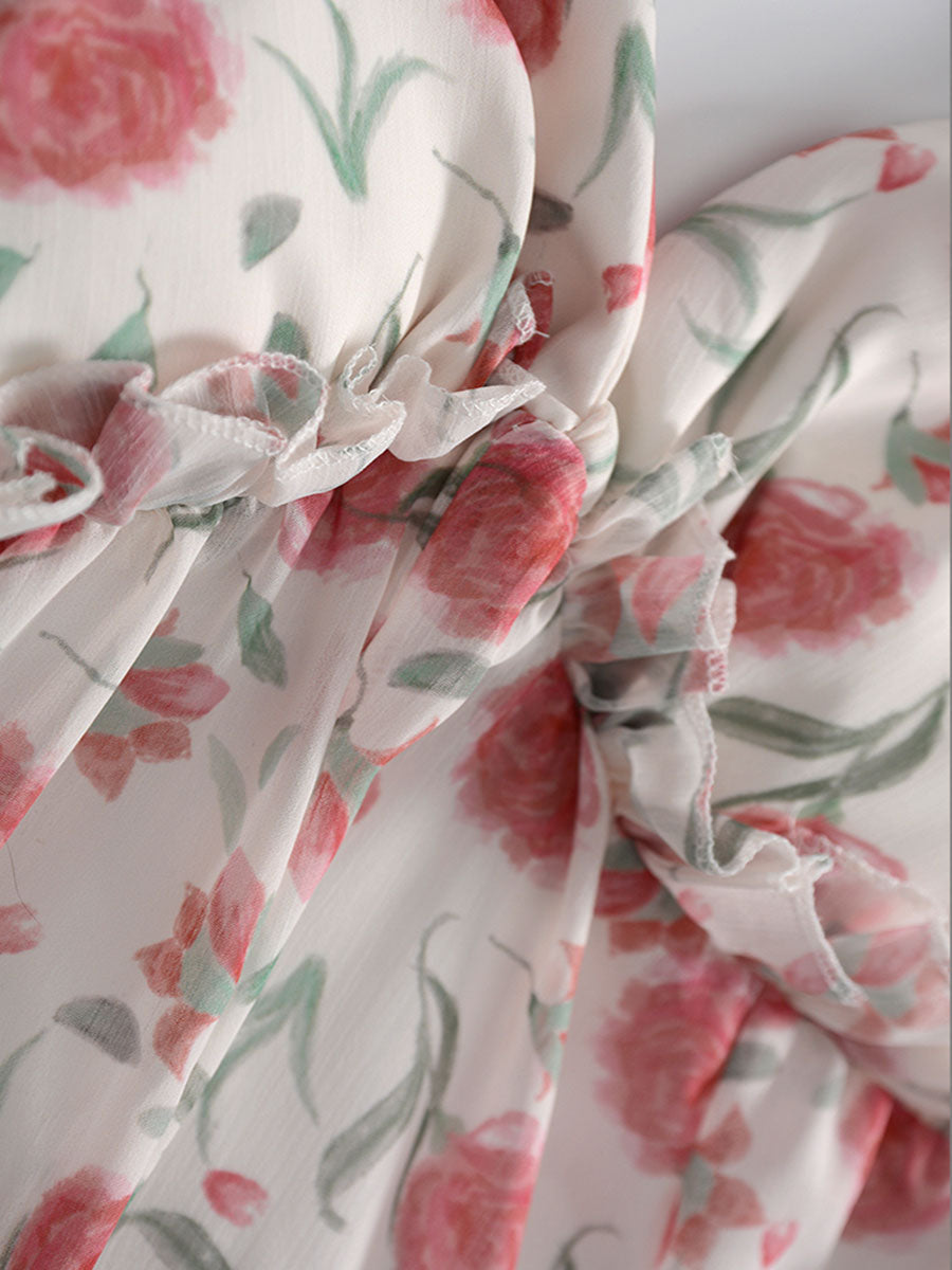 Floral Backless Irregular Midi Halter Dress