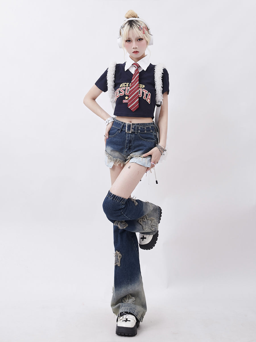 Blue Stars Denim Shorts with Socks Set