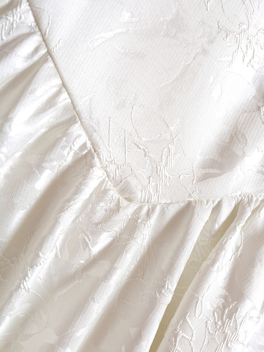 Sweet Jacquard Bubble Sleeve Creamy White Dress