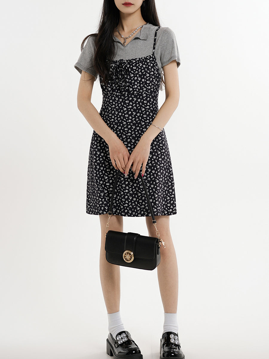 Gray Cotton Top + Floral Suspender Skirt Set
